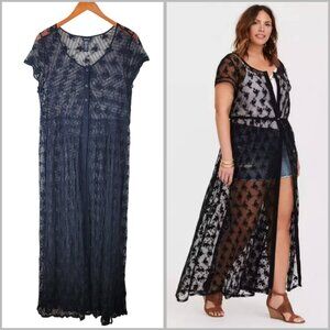 Torrid Lace Duster Cardigan Plus 2 2X Black Fairy Grunge Goth Sheer Goblin core